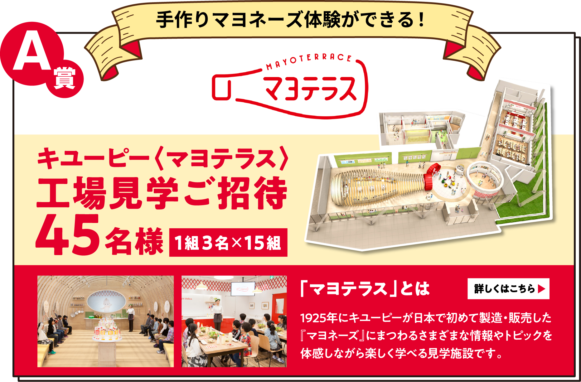 A賞 手作りマヨネーズ体験ができる! キユーピー〈マヨテラス〉工場見学ご招待 45名様(1組3名×15組)